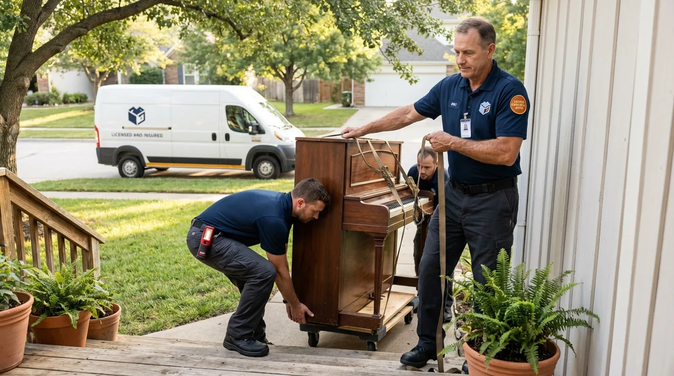Licensed piano movers securing grand piano in Fairbanks, AK