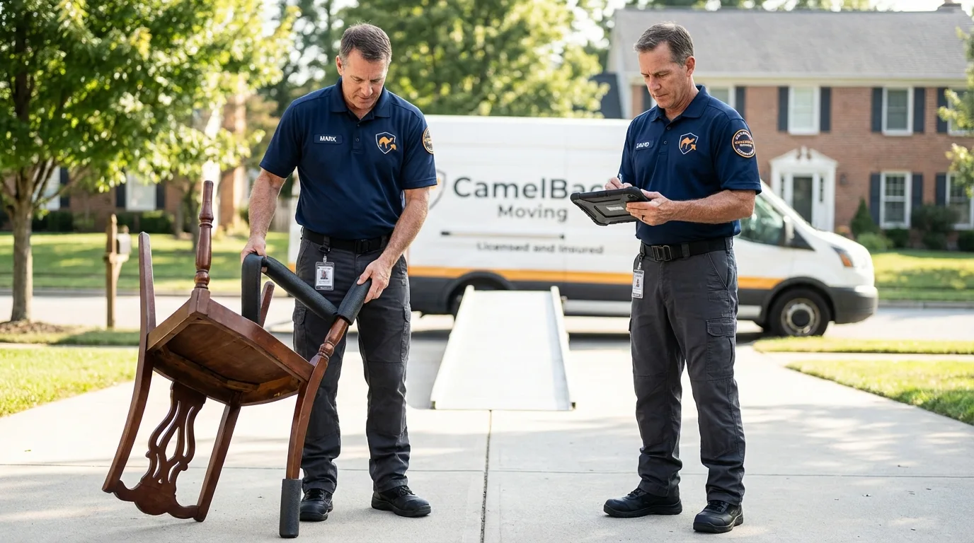 Movers inspecting furniture for damage prevention before loading in Fairbanks, AK