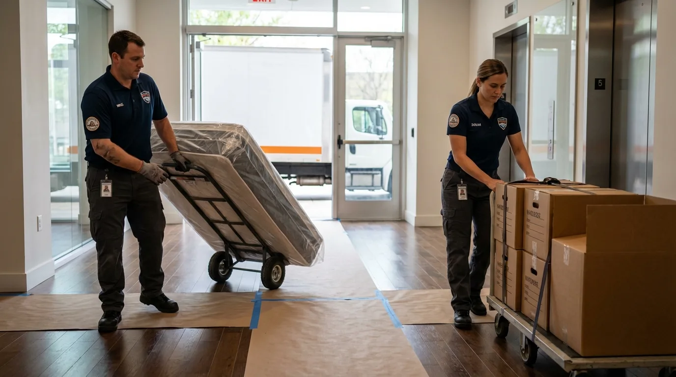 Professional apartment movers loading elevator in Fairbanks, AK