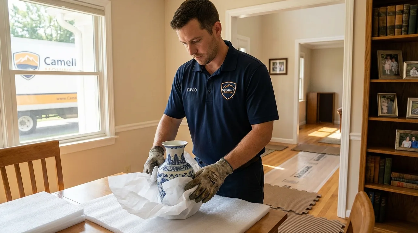 Professional crew carefully wrapping antique vase for senior downsizing move in Fairbanks, AK